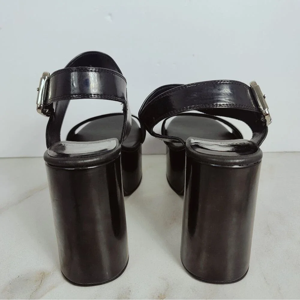 Jeffrey Campbell Moody Black Patent Platform Block Heel Sandals, Sz 9.5